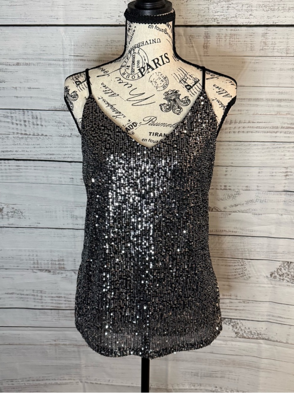 Sequin V-Neck Cami Tank Top - Black/silver size medium